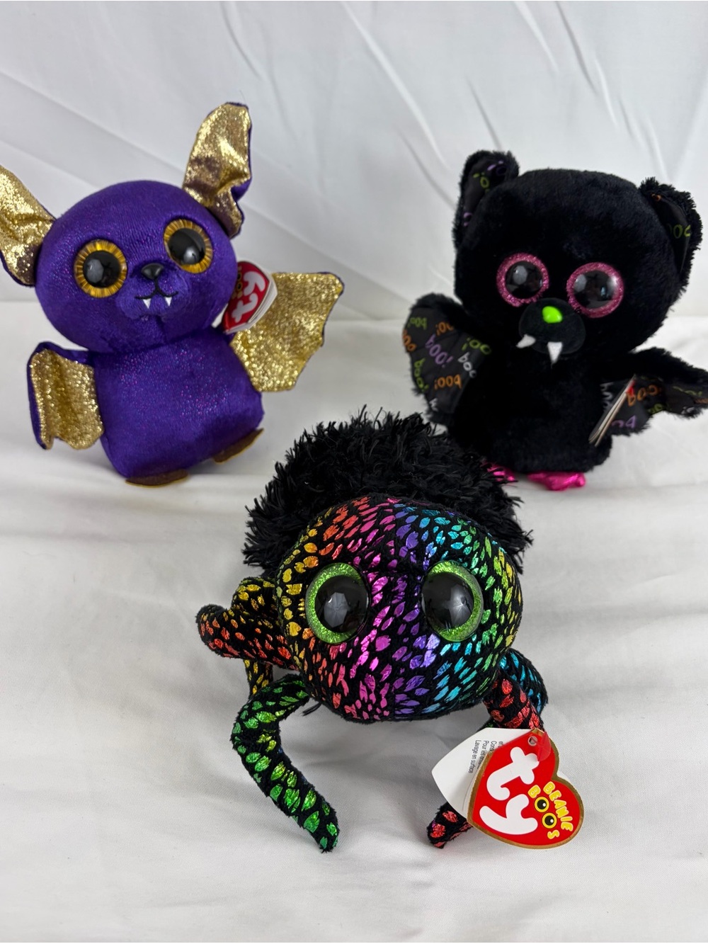 3 pc Ty Beanie Boo Halloween DART Black Bat; COUNT Purple Bat; LEGGZ Spider 6"